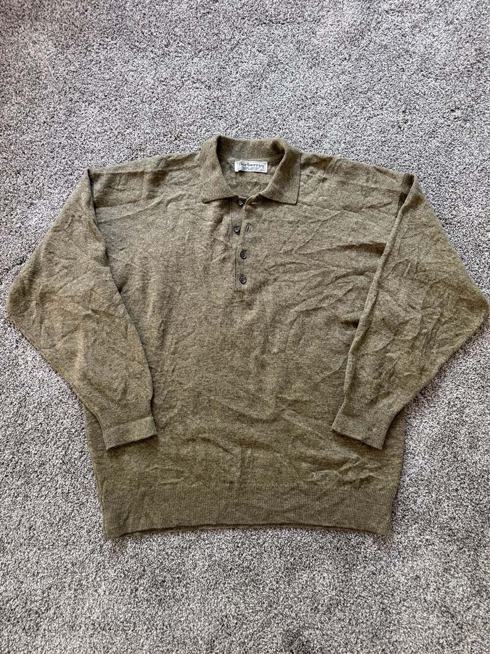 Vintage Burberrys Men's 100% Pure Lambswool Long Sleeve Polo Sweater Olive Green